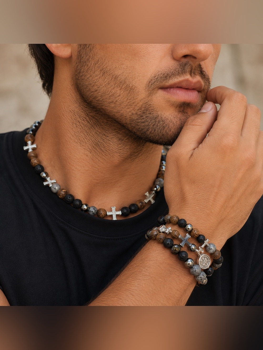 Men's Natural Stone Bracelet Set – Lava Rock, Wood Beads & Cross Charms 3‎ Pack